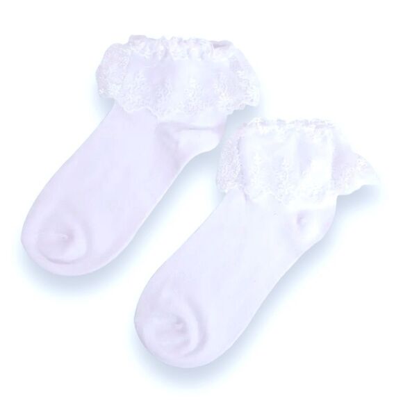 White Cotton Embroidery Lace Ruffle Ankle Socks NEW - Picture 3 of 3